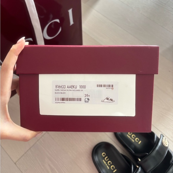 Gucci Black Leather Double-Strap Slide Sandals with Crystal GG Accents - Picture 7 of 7